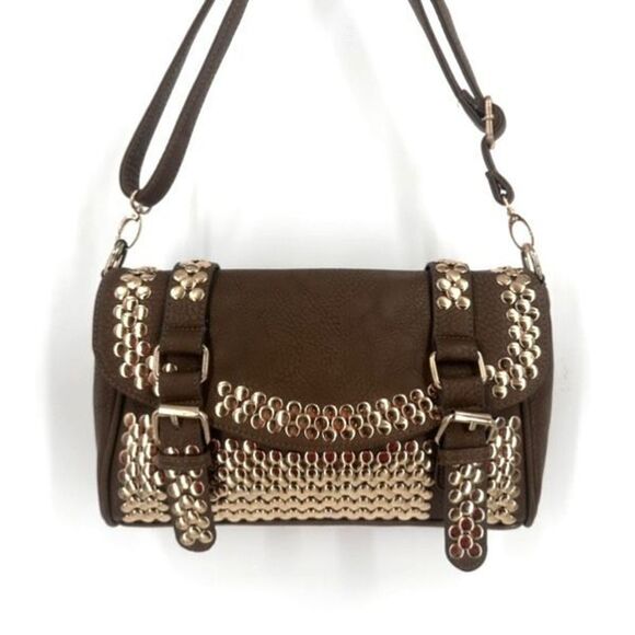 NWT MMS Design Studio Brown & Gold Studded vegan leather Crossbody shoulder Bag - Picture 1 of 15